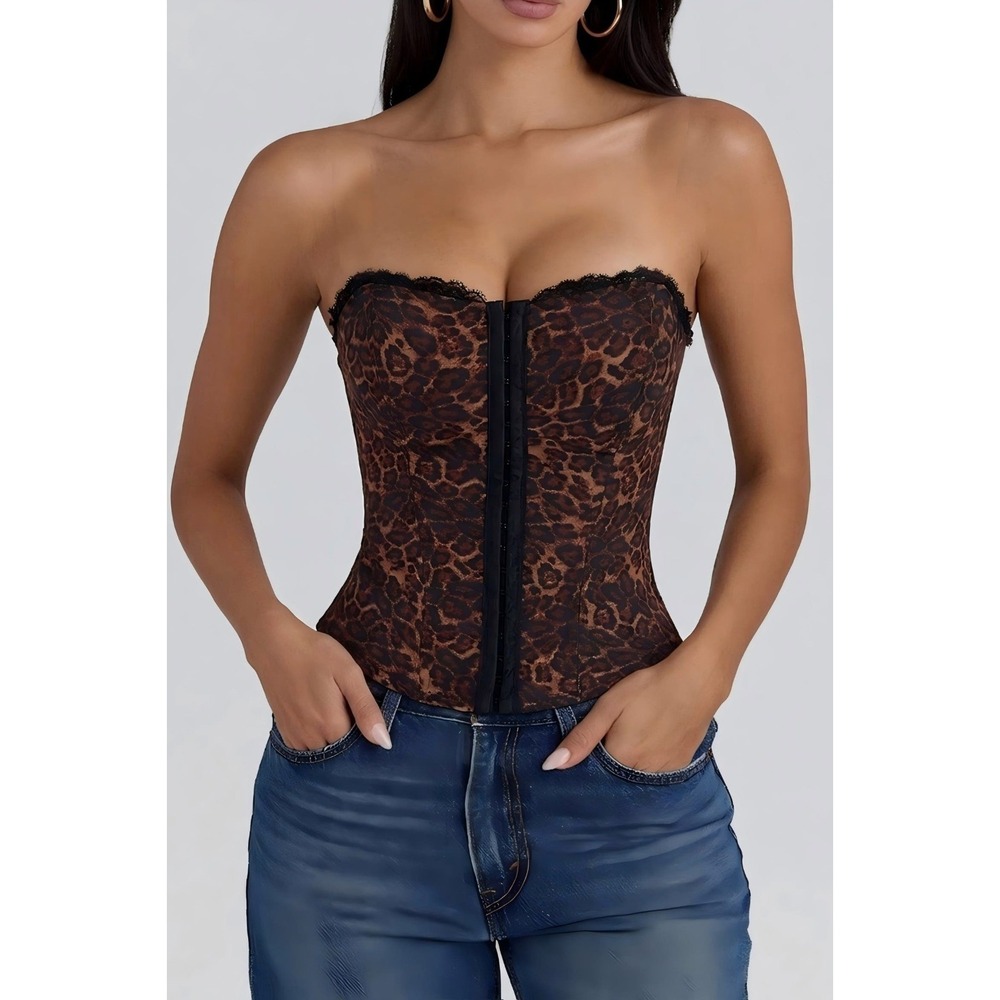 Popilush Corset Bustier Shapewear Sz L Leopard Print Mesh Detachable Straps